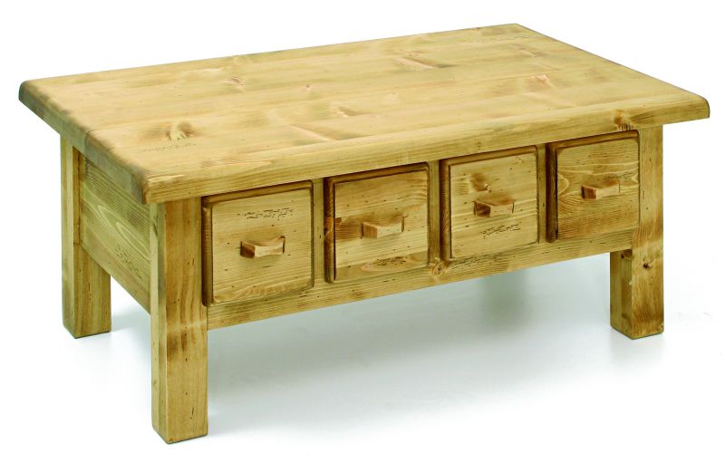 Table basse 4 tiroirs. Finition huilée.