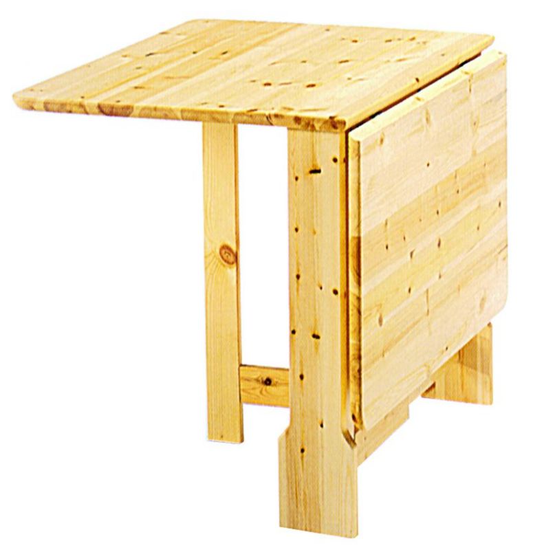 Table pliante en pin massif. Epaisseur 26mm. Avec 2 abattants. Fermé : 15cm.