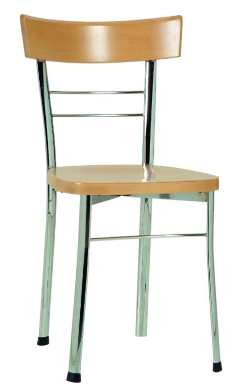 Chaise métal chromé assise bois. Réf Roméa.